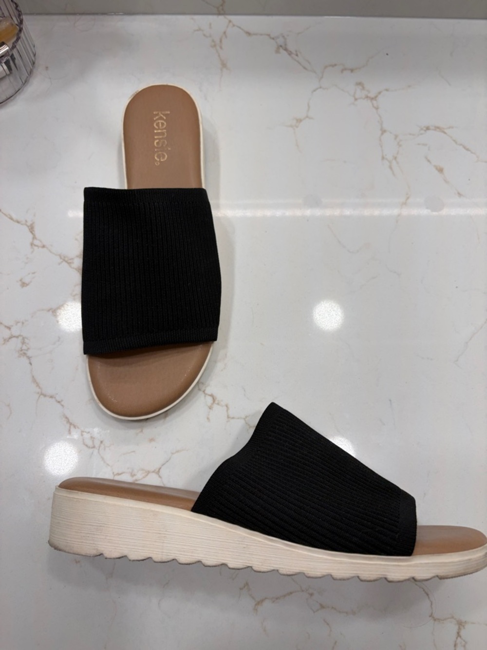 Kensie Black Knit Slide Sandals with White Sole